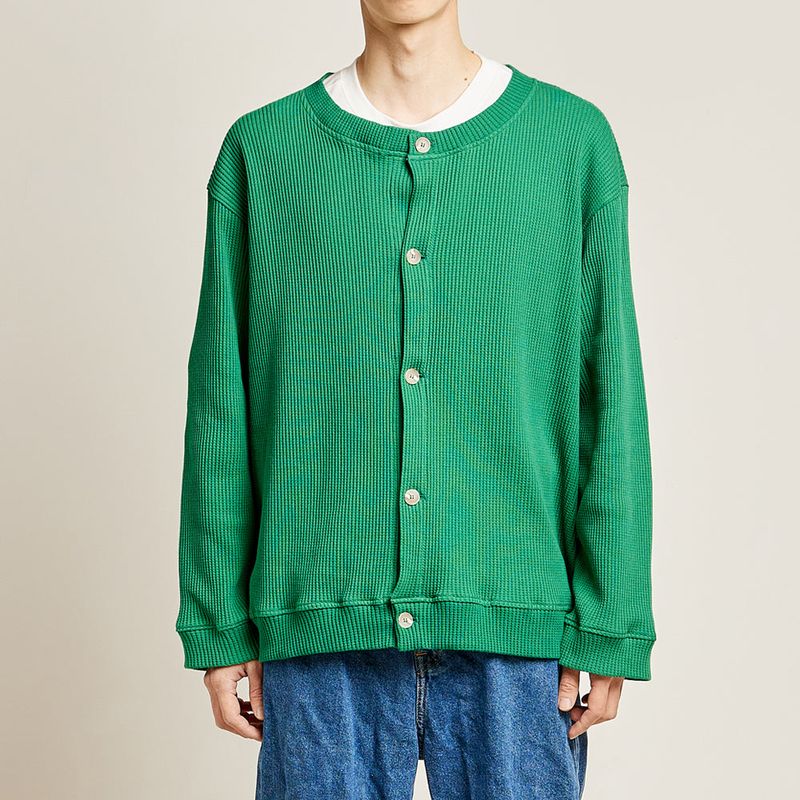 DAMP ROUND-NECK WAFFLE CARDIGAN_GREEN