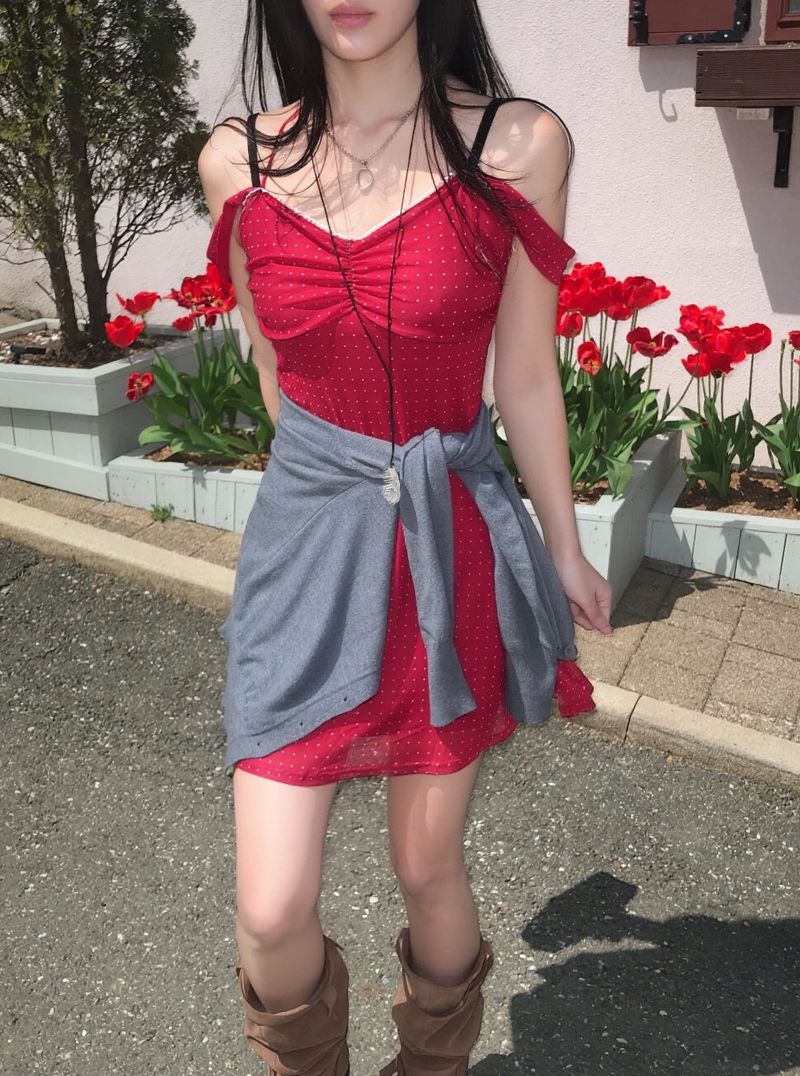 Cherry Kiss Dot Shirring Halter Mini Dress