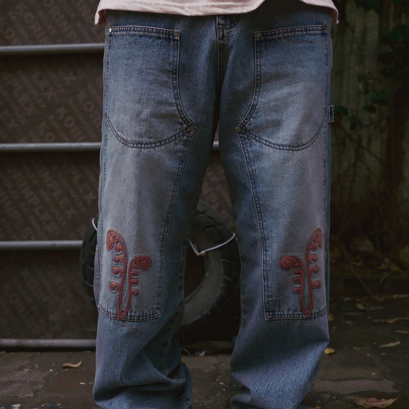 Ptery double knee pants / Washed blue