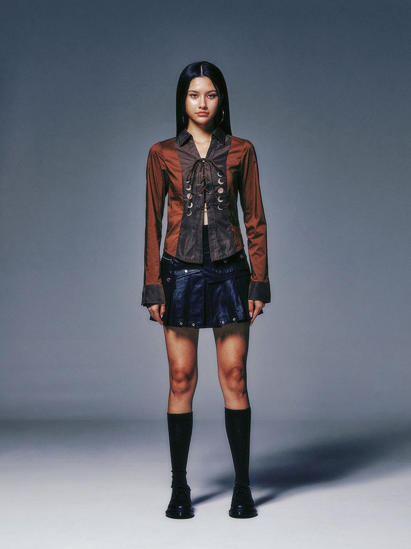 EYELET KNOT SHIRTS (BROWN)