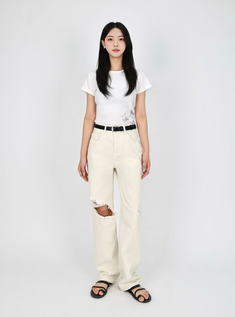 DESTROYED SLIM WIDE FIT DYING PANTS_ Cream White code 6836