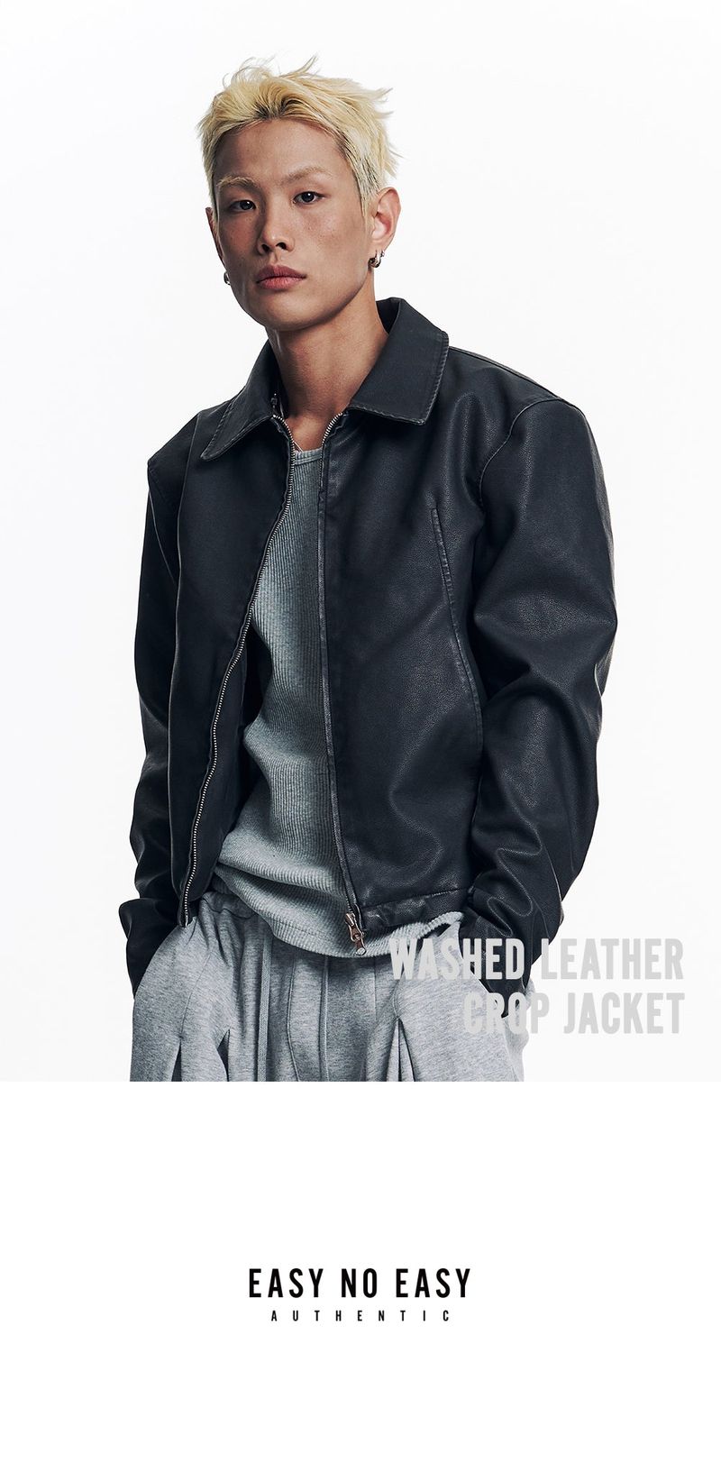 Washed Leather Crop Jacket - Black