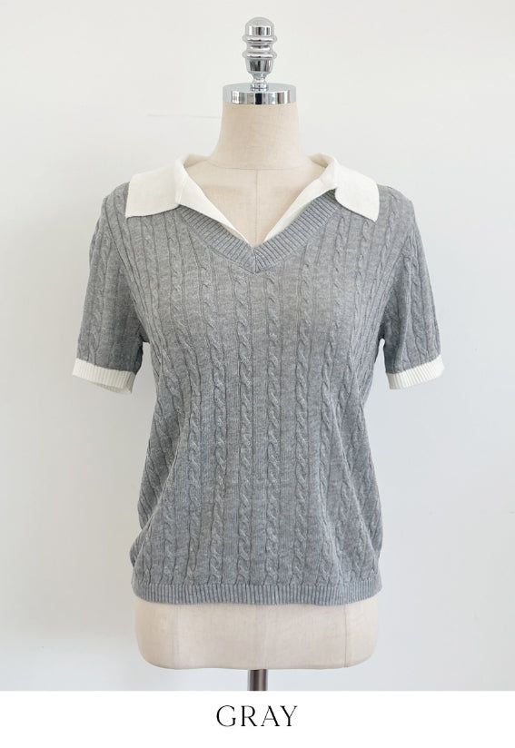 Rael Cable Color Matching Open Collar Knit
