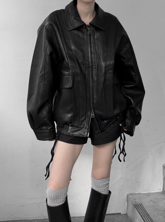mnem（ムネム）の「(unisex) Panel Deep Two-Way Leather Jacket（Jackets/Outerwear）」