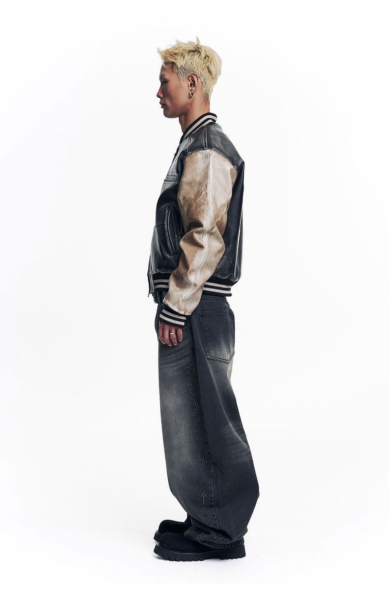 Curved Western Stud Denim Pants - Black