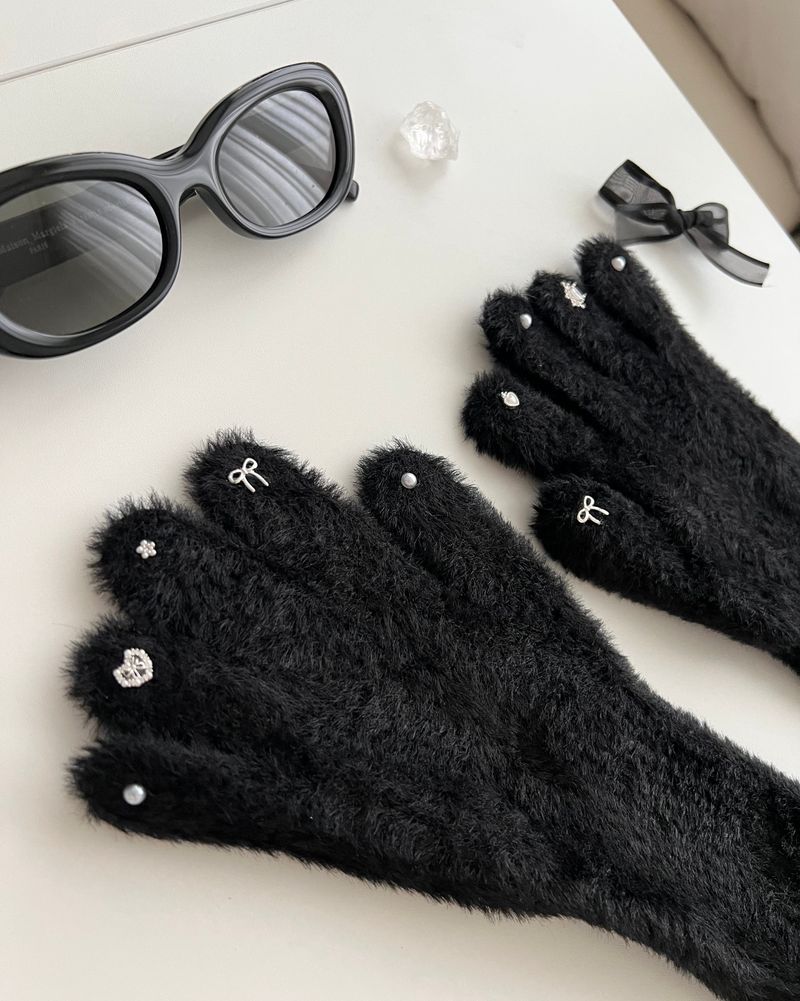 RGO Ballet Core Ribbon Jewelry Year-end Look Hip Cubic Long Heating Fleece-Lined Fur Mink Black White Brown Beige Gloves (Select 3 Colors)