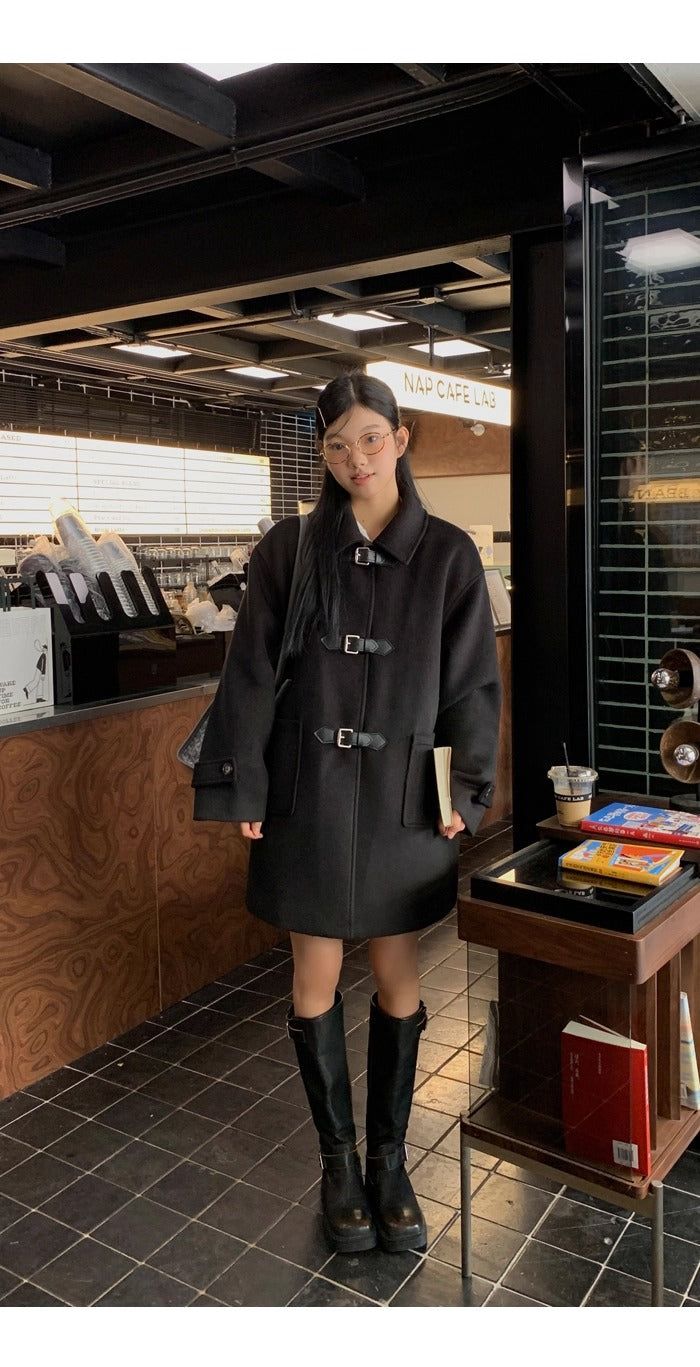 wool black collar buckle half coat