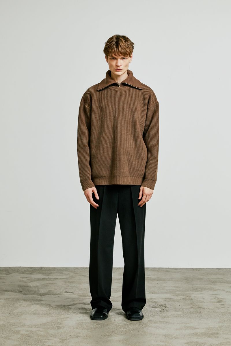 neck warmer wide collar zip-up knit brown