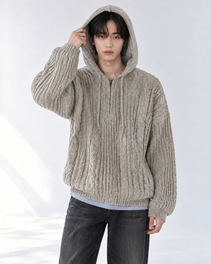 (UNISEX) Follow Half Zip Cable Knit Hoodie