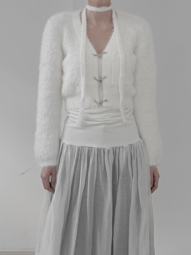 Linked Metal Ring Scarf Fur Cardigan