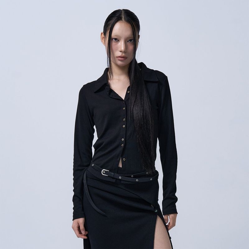 BUTTON DETAIL SHIRTS CARDIGAN(BLACK)