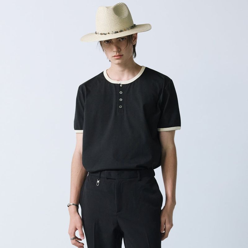 henley neck concho ringer t-shirt black
