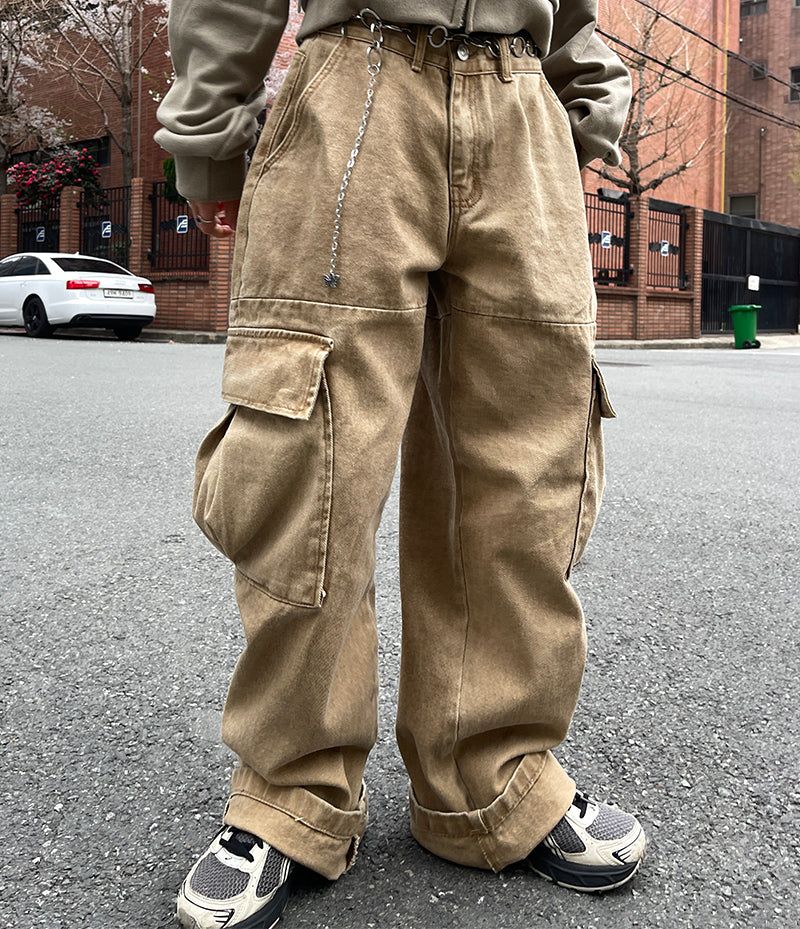 Ding denim slit wide cargo pants