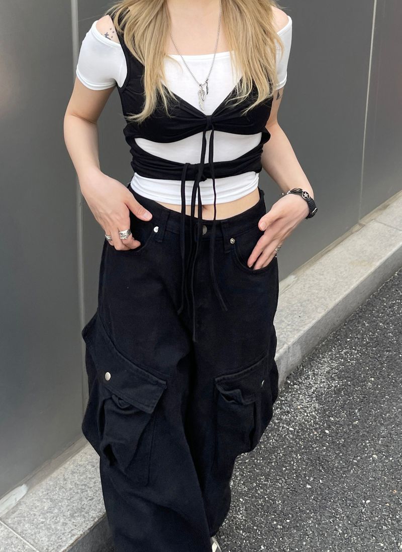 Layered Strap Hole Ribbon Top