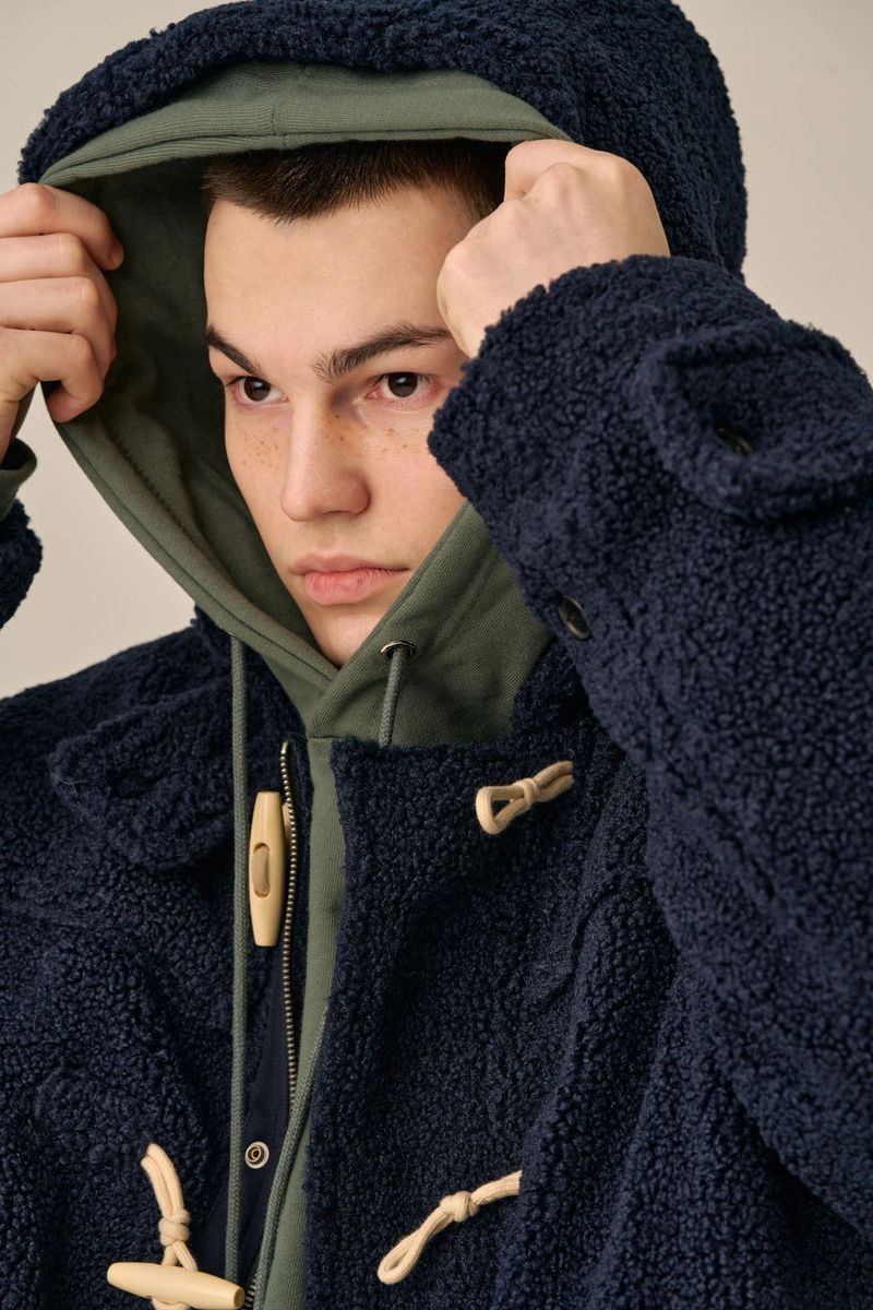 DUFFLE FLEECE HOODED COAT - NAVY