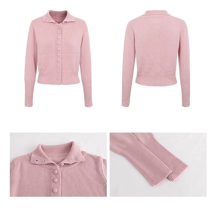 Pink button high-neck knit long-sleeved cardigan