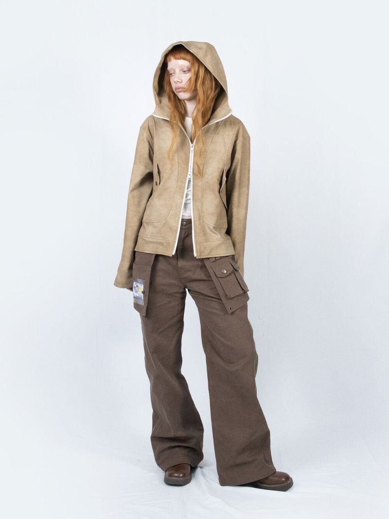 Curved Hood Leather Jacket (Beige)