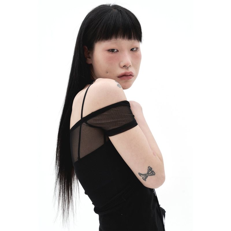 212-mesh shirring off-shoulder