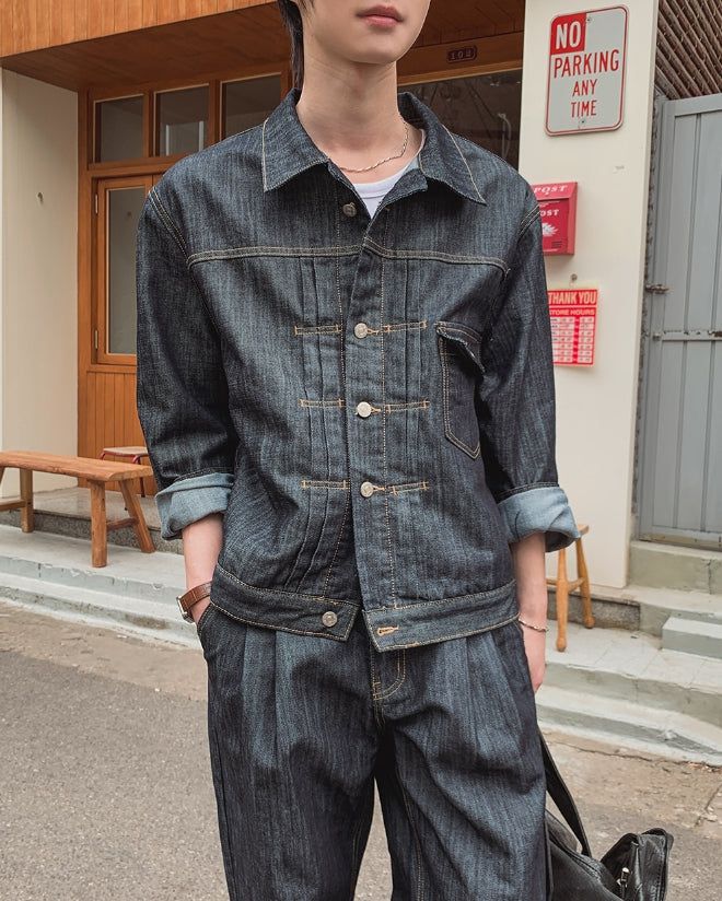 Friendly Pintuck Trucker Denim Jacket Pants Set