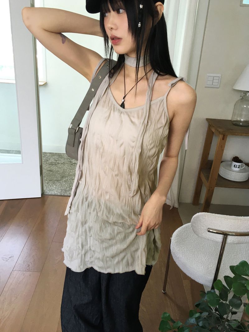 [Muffler set] Lucing Wrinkle Ribbon Strap Sleeveless Dress