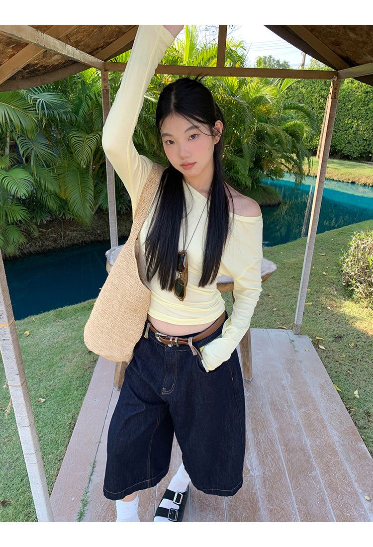 Checked pocket dark blue wide cropped denim