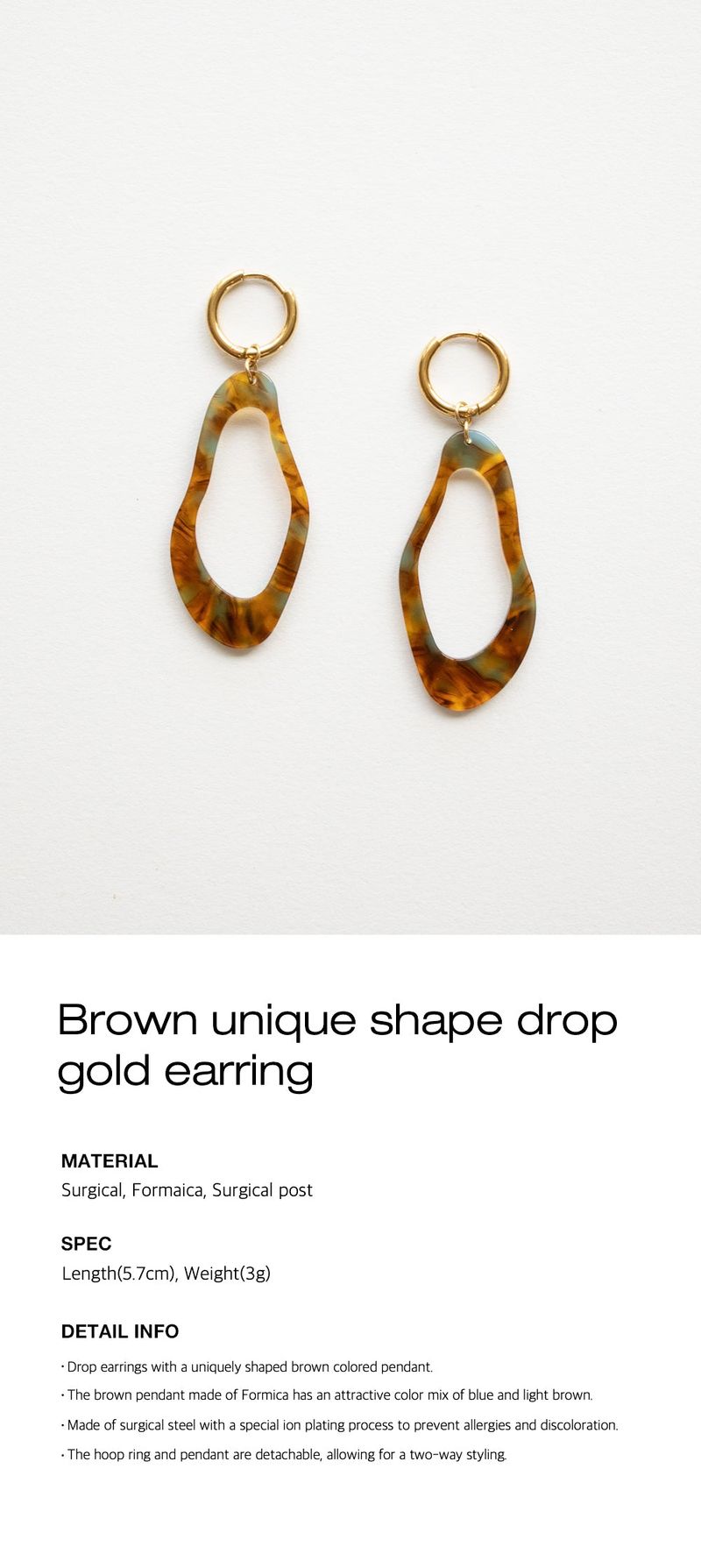 Brown unique shape drop gold earring