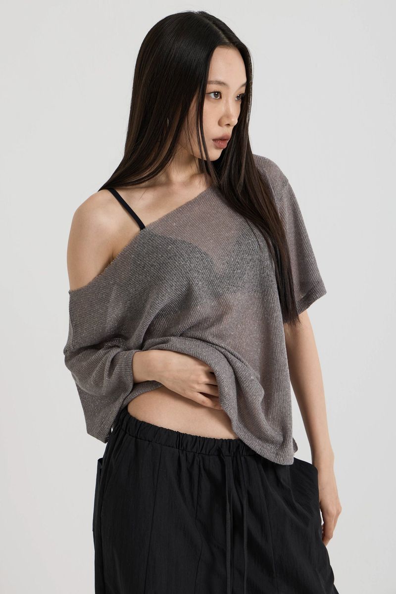 Knit one-shoulder t-shirt, Charcoal