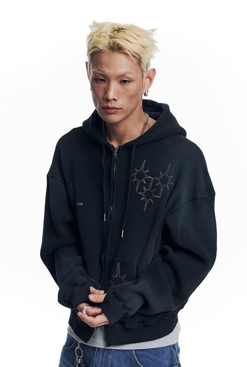 Washed Star Waffle Hooded Zip-Up - Black