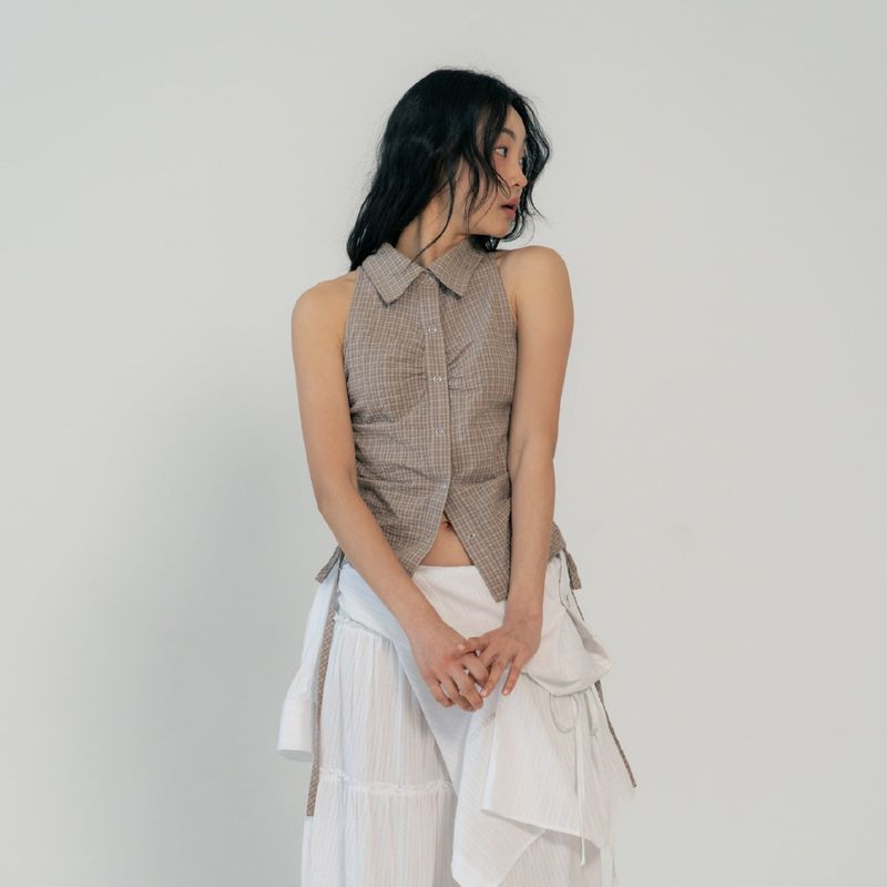 SLEEVLESS SHIRRING SHIRTS (BEIGE)