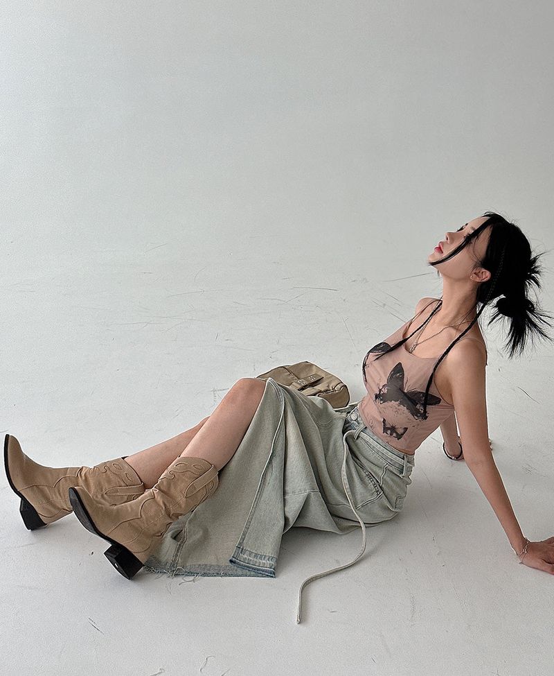 Strap belt Set Denim Long Skirt