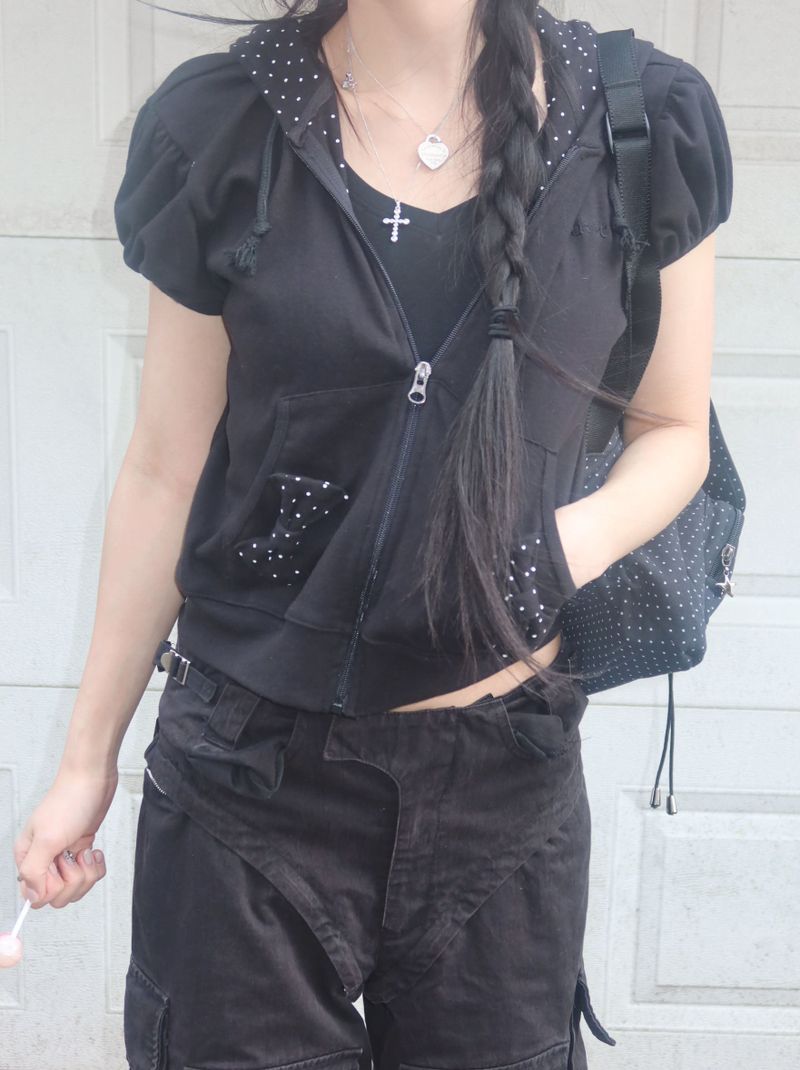  Puffed sleeve dot hoodie _ Black