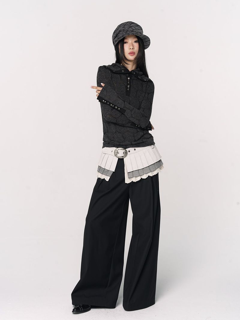 CONFUN Henry rivet patchwork lapel jacquard knitted slim top