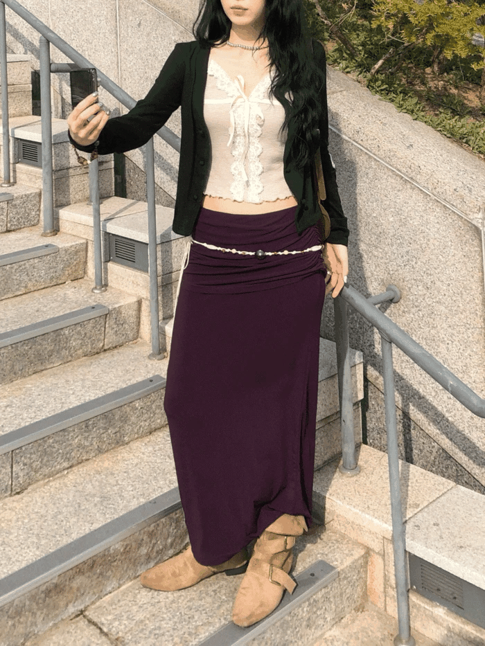 Wine Jelly Shirring Long Skirt