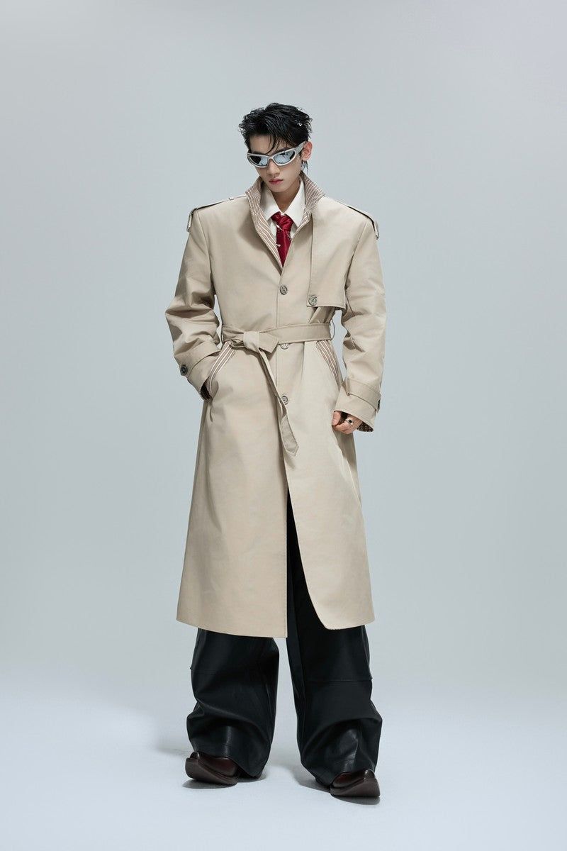 Striped Stand Collar Long Trench
