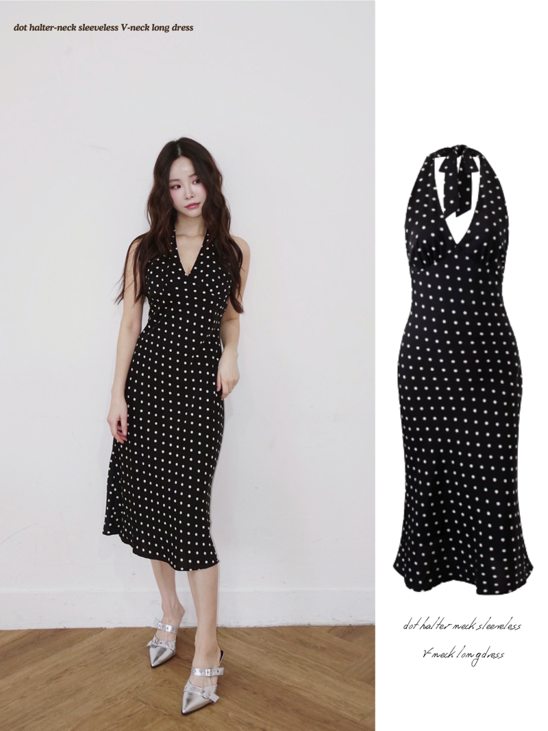 dereborujo（ドレボルゾー）の「dot halter-neck sleeveless V-neck long dress（Dresses）」
