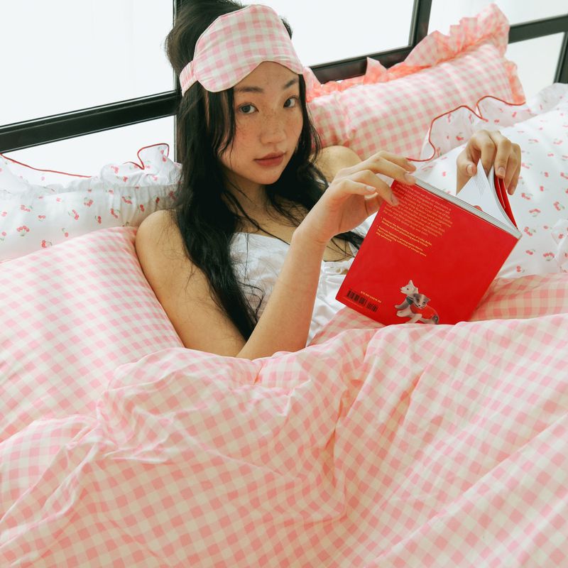 Dust-Free Gingham Check Frill Duvet Cover - K size