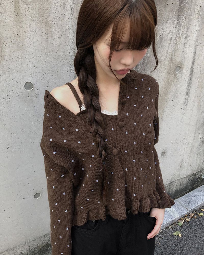 WONDER WONDER（ワンダーワンダー）の「Kura Dot Sleeveless Frill Cardigan Set（Jackets/Outerwear）」