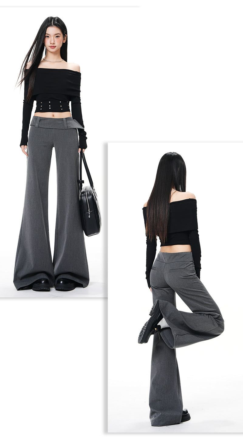 French Low-Waist Micro Flare Slacks – Tailored Slim Wide Casual Pants