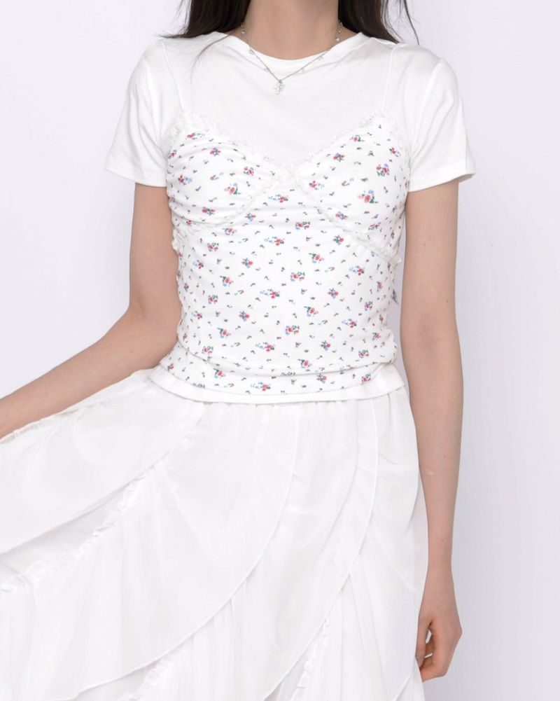 Cute Small Floral Lace Bustier Short Sleeve Set