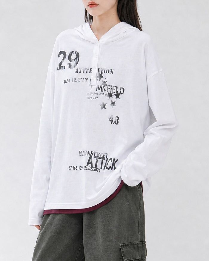 (UNISEX) Attack Henley Hooded Long Sleeve