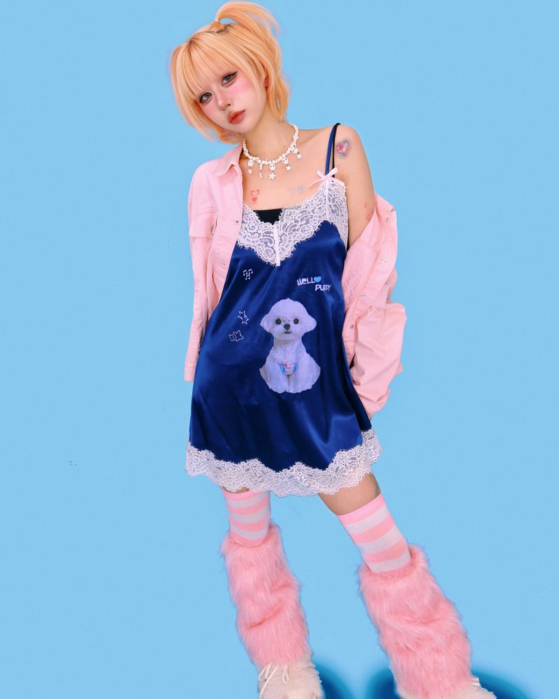 puppy lace slip-dress