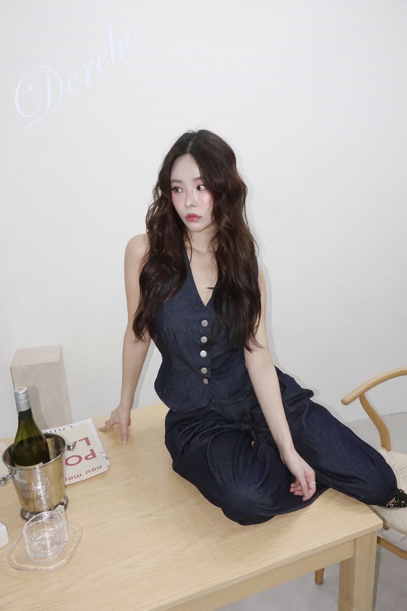 Dark blue denim vest pants two-piece