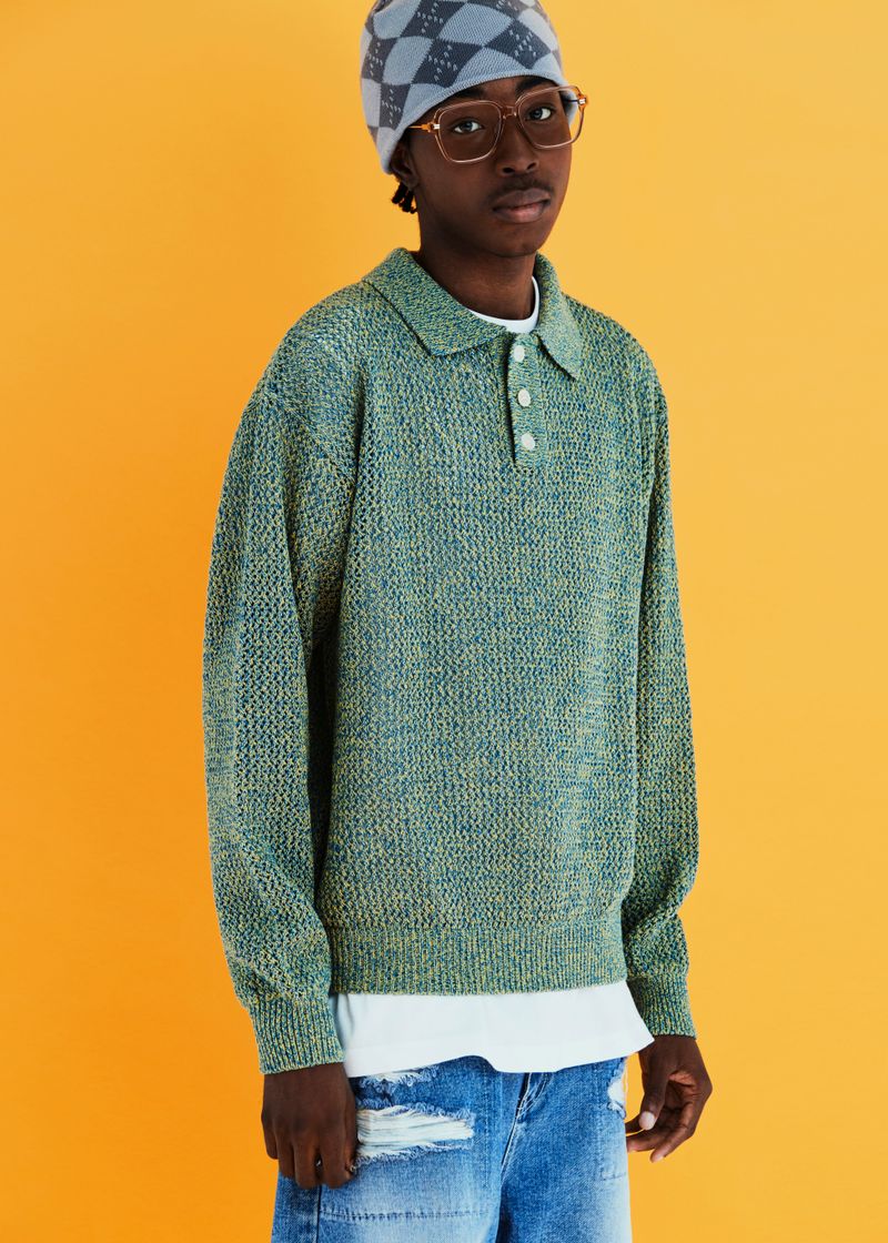 MESH KNIT POLO SHIRT / BLUE&LIME