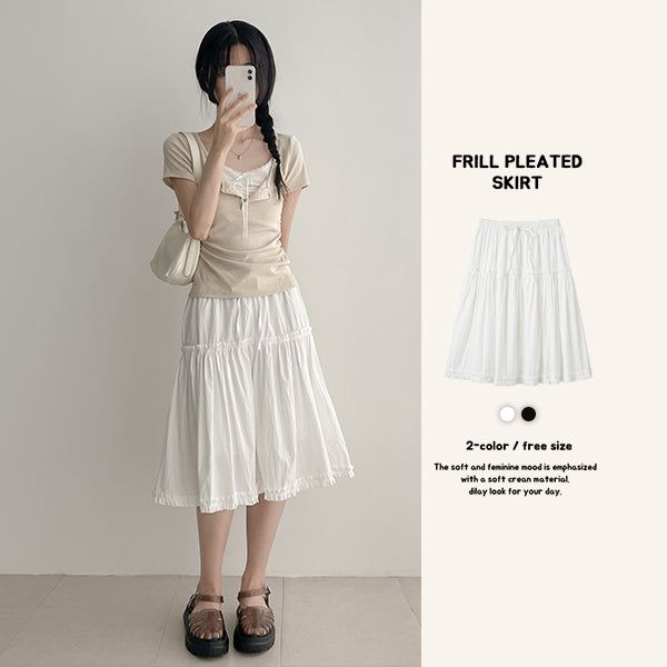 hijjoo（ハイチュー）の「Flare fit🤍 Tiered midi banding frill skirt (2 colors)（Skirts）」