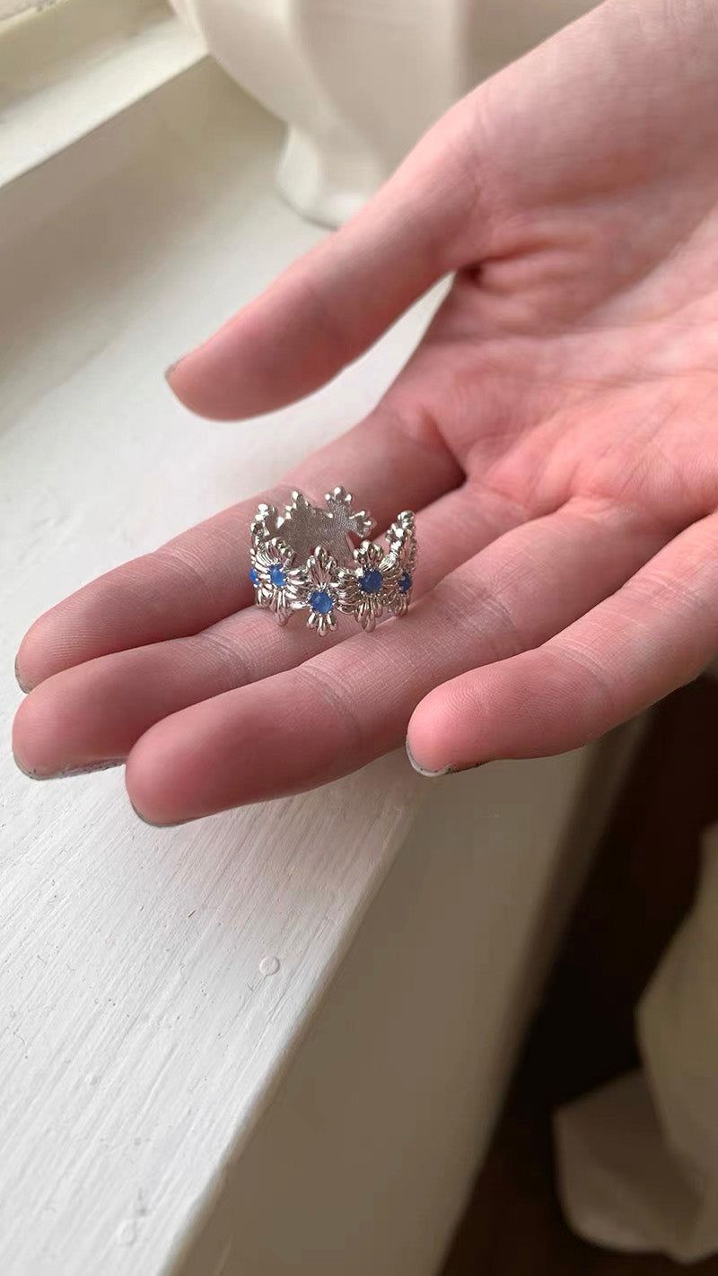 Blue flower silver open ring