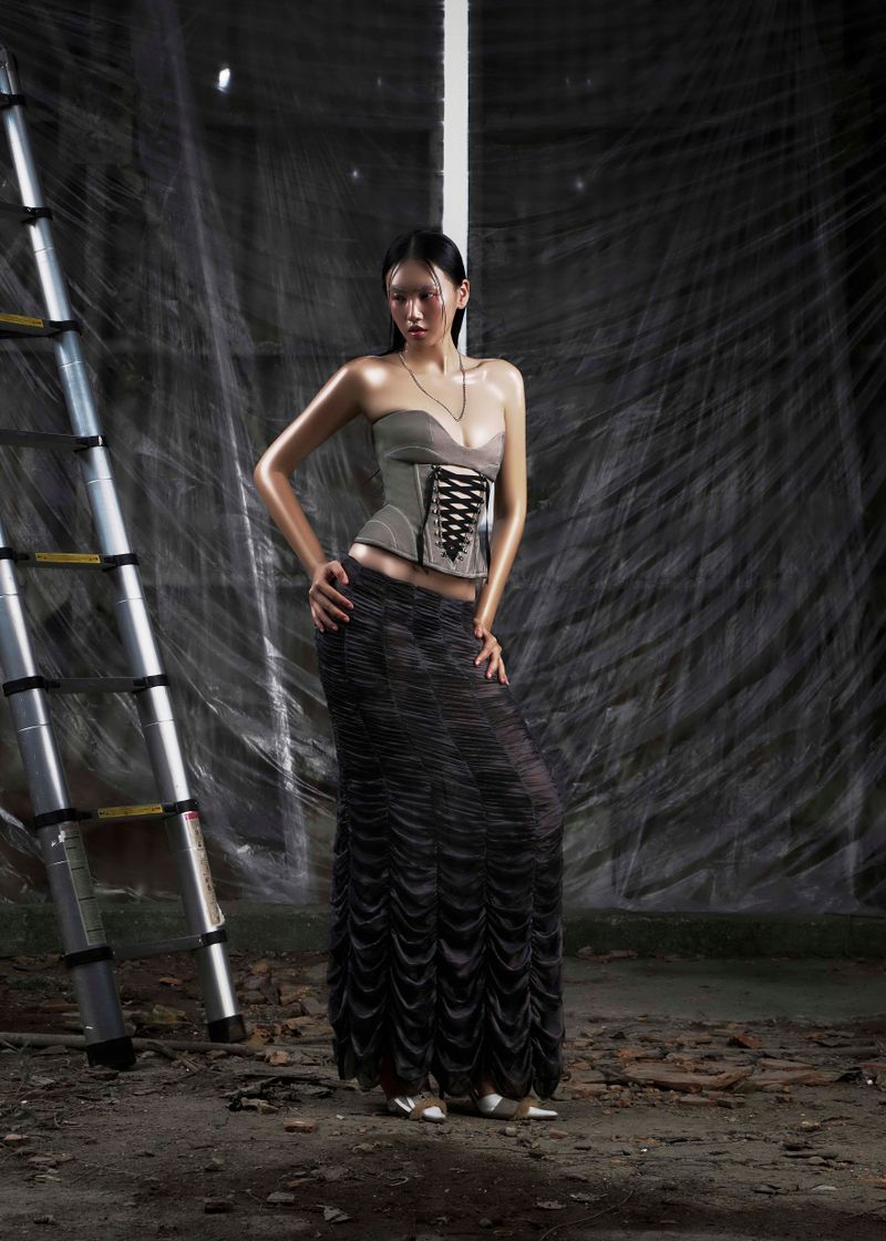 NONE Gray Lace Up Corset