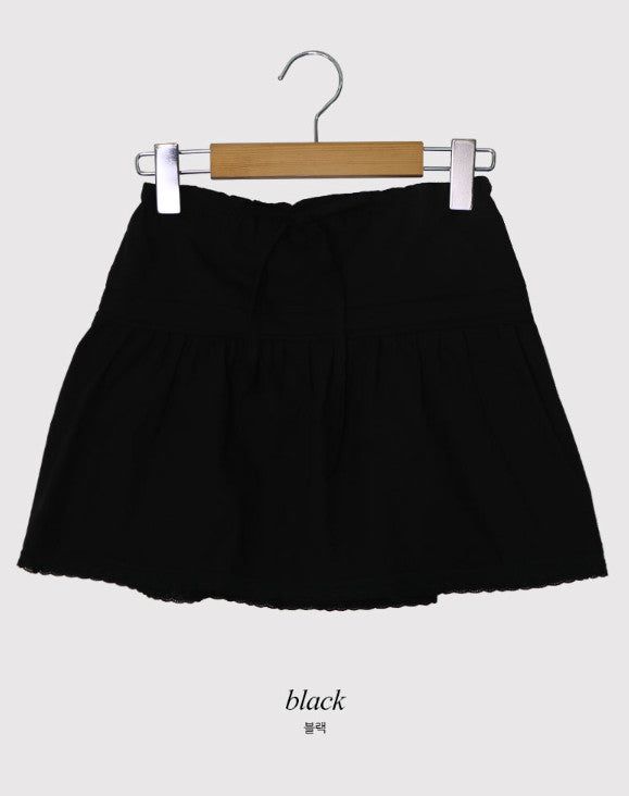 Pintuck String Ribbon Lace Mini Skirt (3color)