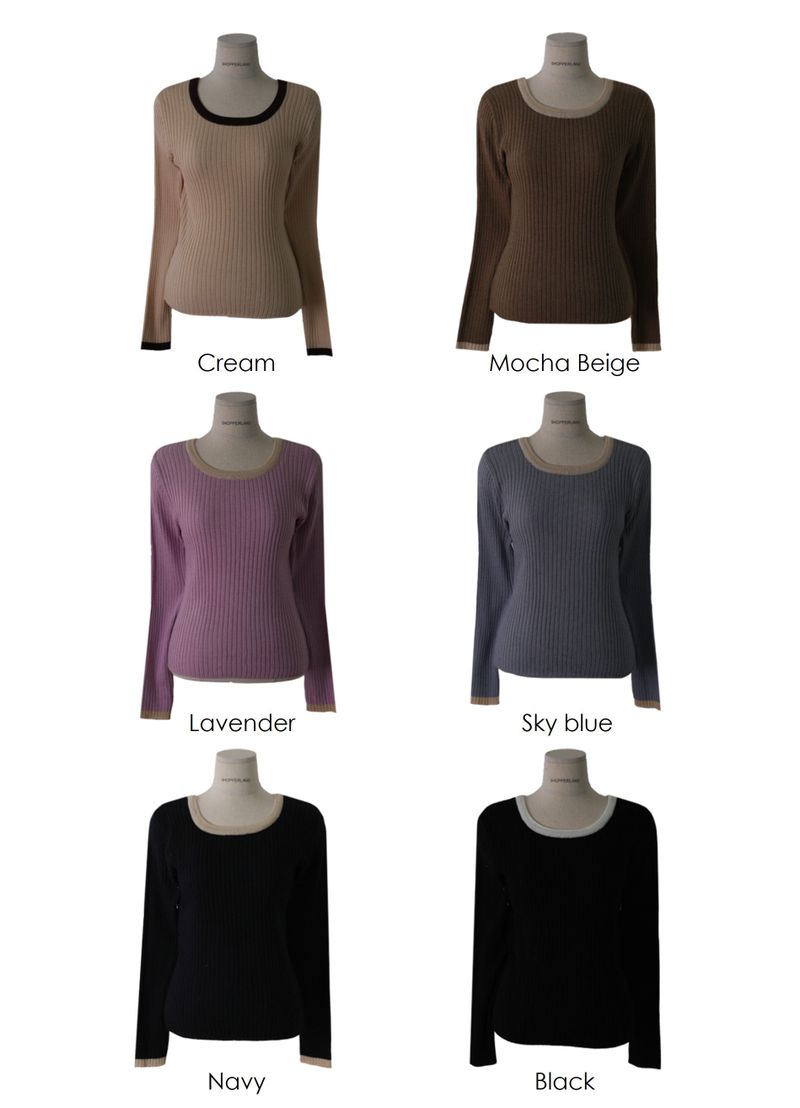 Slim Two Tone U-neck Rib Knit (6color)
