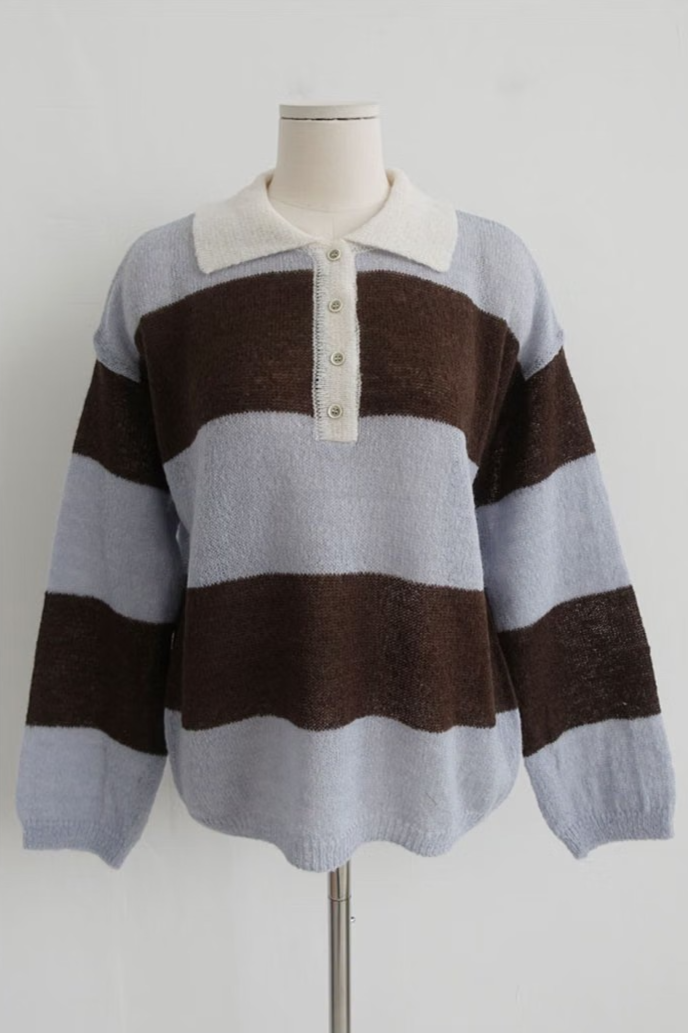 RUGBY STRIPED POLO SWEATER (5COLORS!)