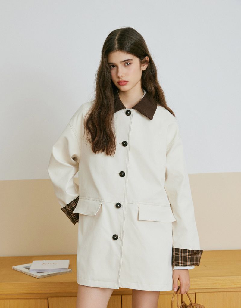 TWEEDY-A（ツウィーディア）の「Preppy Checkered Sleeve Midi Trench Coat Ivory（Jackets/Outerwear）」